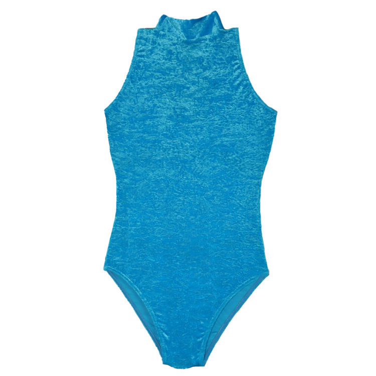 'Suzie' Sleeveless Leotard Crushed Velvet - Blue Shades